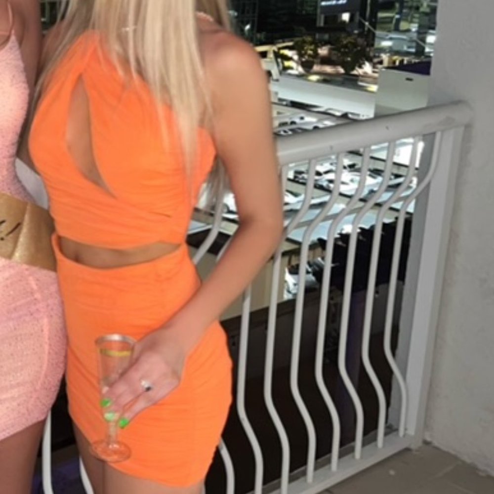 OH POLLY LYKKE ASYMMETRIC DRAPED CUT OUT MINI DRESS IN ORANGE